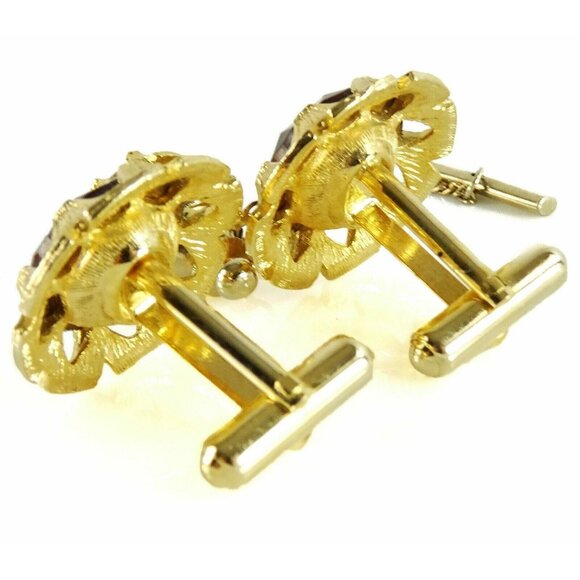 Cufflinks Set with Tie Tack Pin Round Floral Design Brown Faux Topaz Stone - Picture 4 of 4